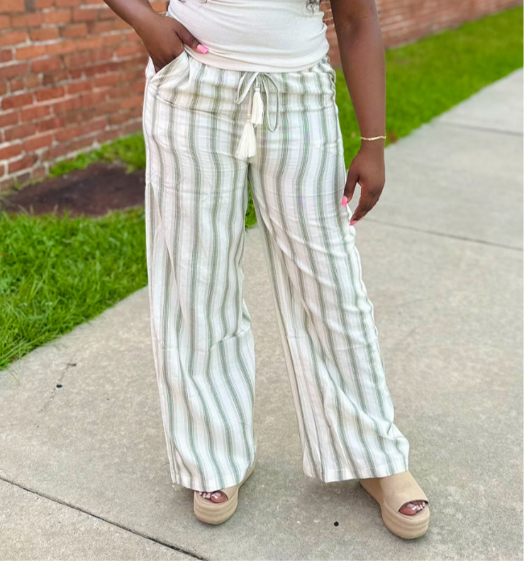 Striped Linen Palazzo | Pants (Olive)