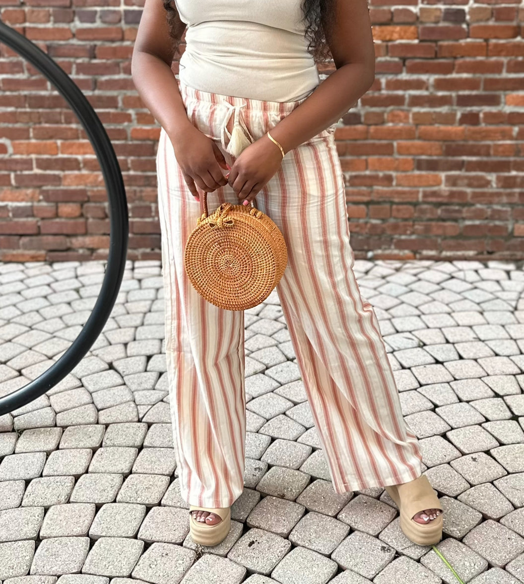 Striped Linen Palazzo | Pants (Rust)